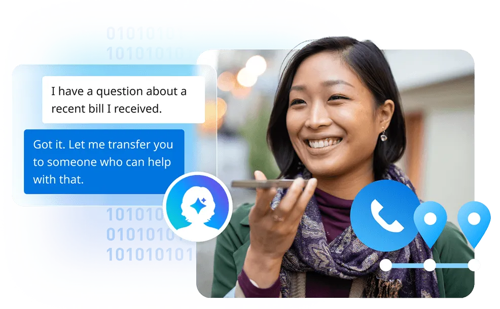 Mujer sonriente al teléfono, junto a un chat en el que la consulta de un cliente se transfiere a un agente, con el icono del asistente de IA