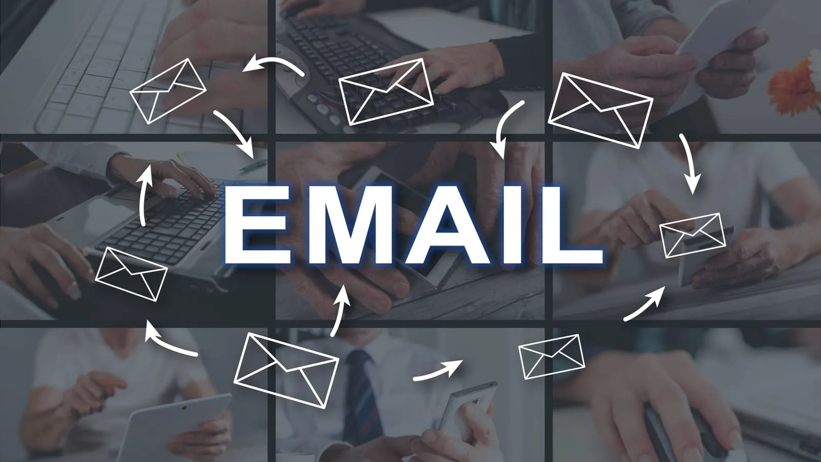 Scritta EMAIL al centro di icone di buste collegate da frecce, su uno sfondo di persone al lavoro