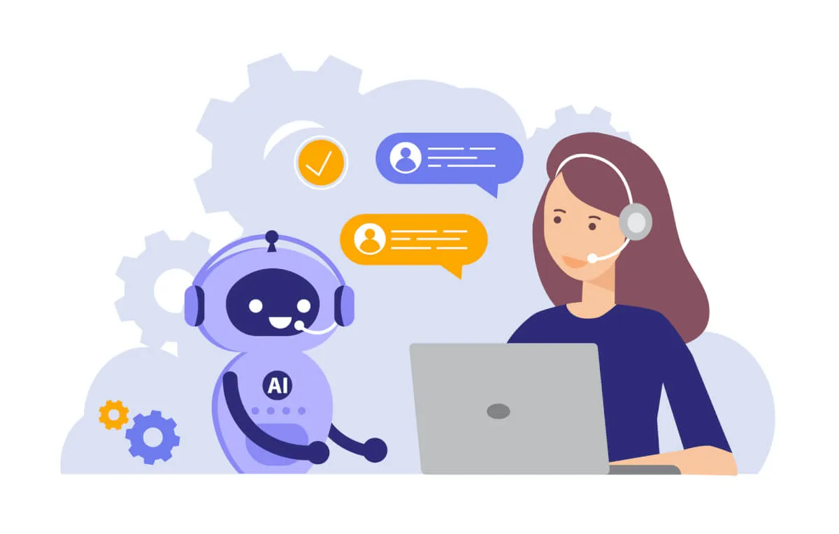 Ilustración de una agente con auriculares y portátil junto a un asistente de IA con forma de robot, con bocadillos de conversación